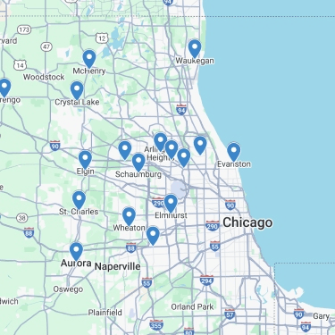 Compact map of Lifeline Plumbing, Heating & Cooling’s Chicagoland service area, showing coverage in Elgin, Schaumburg, Naperville, Aurora, and surrounding suburbs.