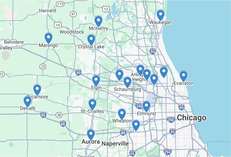 Map showing Lifeline Plumbing, Heating & Cooling service areas across the greater Chicagoland region, including Elgin, Naperville, Schaumburg, Aurora, and surrounding suburbs.